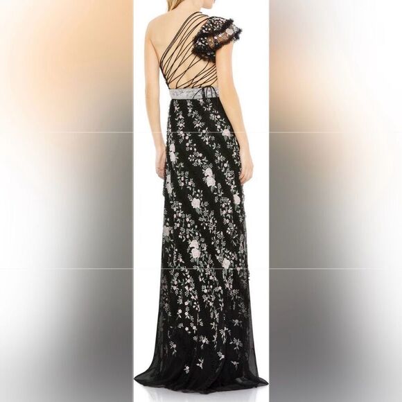Mac Duggal Embroidered One Shoulder Gown Black Floral Lace up Dress NWT - Picture 13 of 16